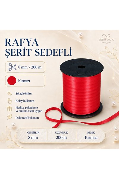 san Kırmızı Sedefli Rafya Şerit 8 mm x 200 Metre Balon İpi ve Hediye Paketi S...