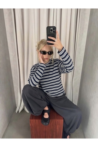 CrepTekstil Women's Navy Blue Striped Crew Neck Long Sleeve Oversize T-Shirt – 100% Cotton