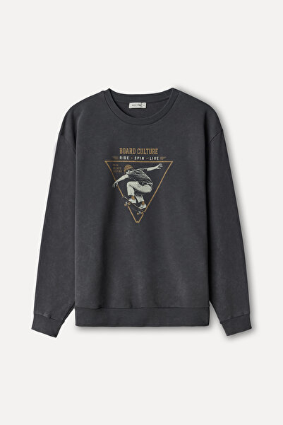 Mudo Erkek Antrasit Baskılı Oversize Bisiklet Yaka Sweatshirt