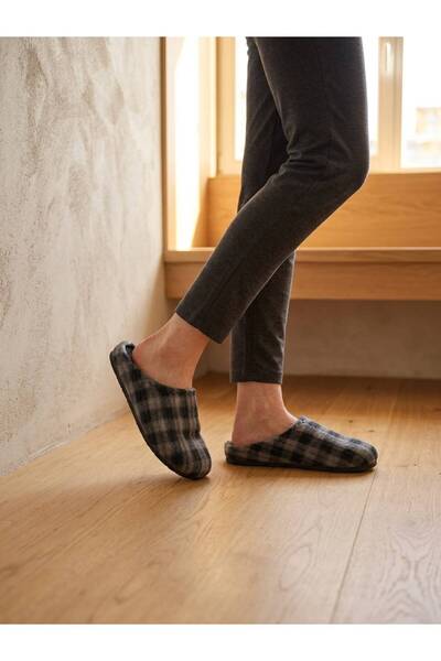 Keçev Men's House Slippers Plaid Felt Towel Soft