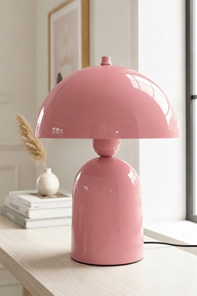 Bamyum Line Abajur Pembe Metal Gövdeli - 25 cm Çap - Oturma Odası & Yatak Oda...