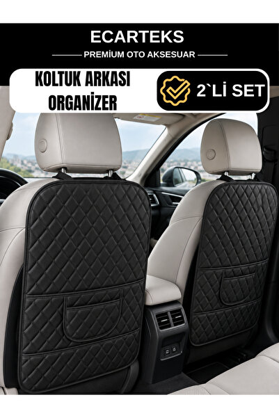 ECARTEKS PREMİUM QUALİTY CAR ACCESSORİES Car Seat Back Organizer Leather Set of 2 - Luxury Design with Pockets for Auto Accessories Organizer Set of 2 - Black