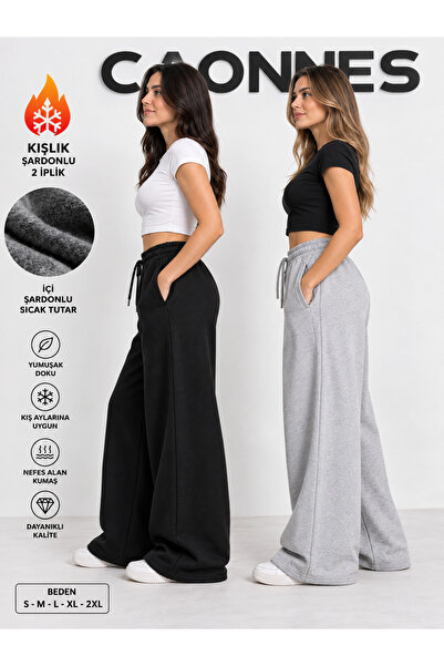Kışlık Şardonlu 2'li Kadın Eşofman Altı (Siyah-Gri) Oversize Baggy Salaş Paça