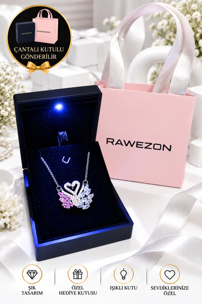 RAWEZON Işıklı Kutulu Çantalı Çelik Kuğu Kolye Pembe Beyaz Zirkon Taşlı Sevgi...