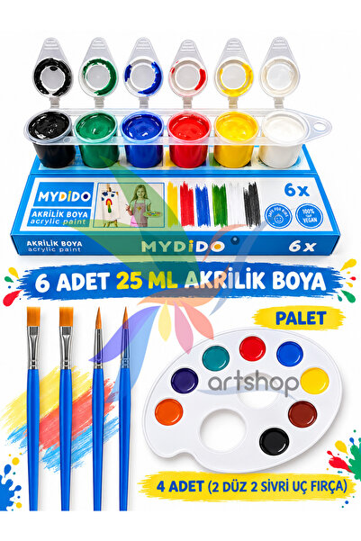 Artshop Südor My dido 6x25 ml Akrilik Boya, 2 Düz 2 İnce Uçlu Fırça, Palet