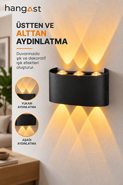 HANGAST OVAL Amber 3 LED Pilli Duvar Apliği Çift Yönlü Işık Siyah Dekoratif Duvar Lambası 16x10 cm