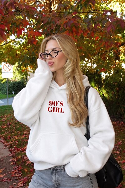 The Champ Clothing Women's Oversize Hoodie 90's Girl Printed White – Hooded, Kangaroo Pocket, 3 Thread Fleece