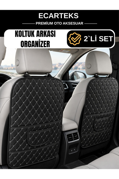 ECARTEKS PREMİUM QUALİTY CAR ACCESSORİES Car Seat Back Organizer Leather Set of 2 - Luxury Design with Pockets for Auto Accessories Organizer Set of 2 - Silver