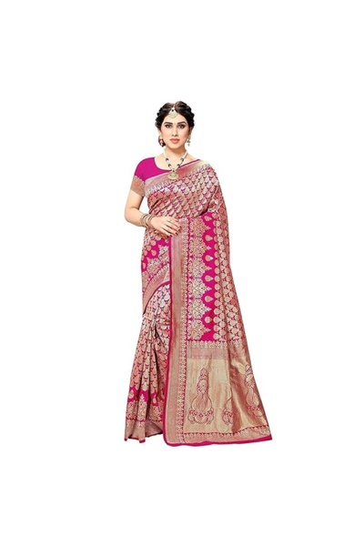 Generic Brand Women's Trendy Pink Banarasi Kanjivaram Art Silk Saree with Flo...