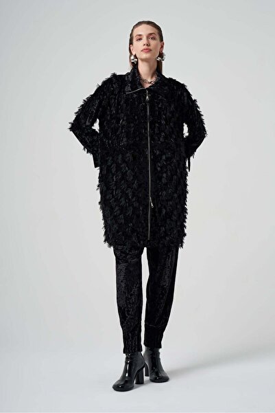 MissWhence Fringed Detail Zippered Bouclé Coat