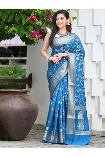 Generic Brand Women Sky Blue Solid Banarasi Art Silk Saree with Blouse Piece