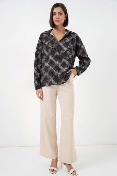 Modamorfo Women's Oversized Patterned Shirt 20372 - Black