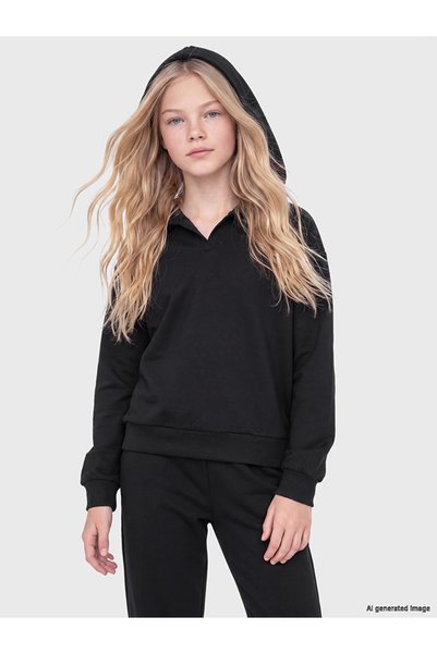 LC Waikiki Black Hooded Girls' Soft Touch Tracksuit Set