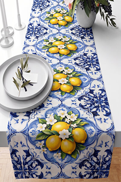Realhomes Lemon Flower and Tile Patterned Digital Printed Decorative Runner 4...