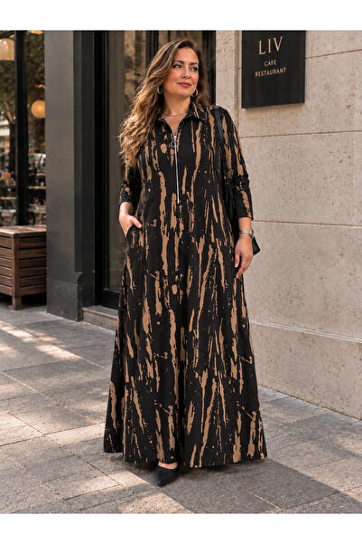 HÜLYA BUTİK Büyük beden kadın fermuarlı camel fırça desenli cepli uzun elbise