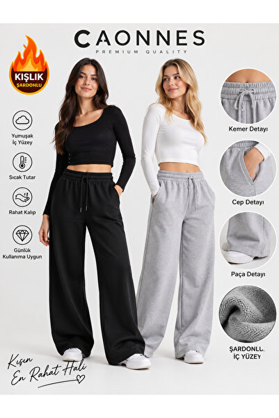 Kışlık Şardonlu 2'li Kadın Eşofman Altı (Siyah-Gri) Oversize Baggy Salaş Paça