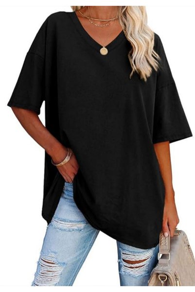 Noonedibs Tricou Femei Oversize Cu Guler V, Bluză Lejeră Din Bumbac – Stil Bo...