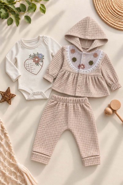 dinamik çocuk Girl baby hooded waffle 3-piece set with flower detailed cardig...