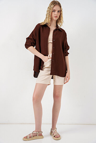 Modamorfo Women's Long Oversize Shirt 20334 - Brown
