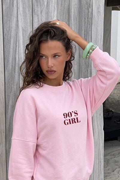 The Champ Clothing Kadın Oversize Sweatshirt 90’s Girl Baskılı Pembe – Bisikl...