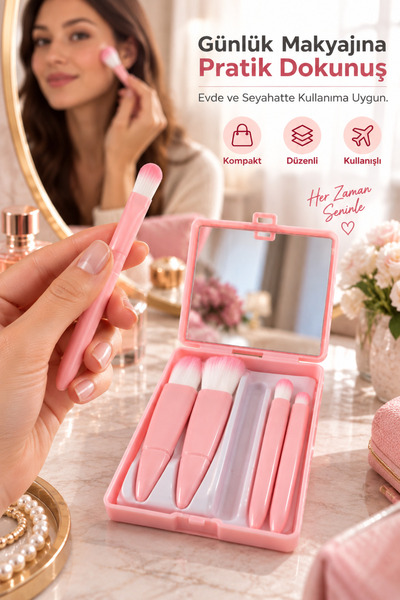 MUJGAN Profesyonel Taşınabilir Aynalı Makyaj Fırça Seti Açık Pembe