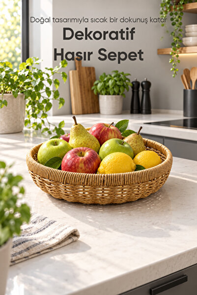 Vienev Yuvarlak Hasır Sepet Dekoratif Örgü Servis Sunum Ekmek Meyve Sepeti 31...