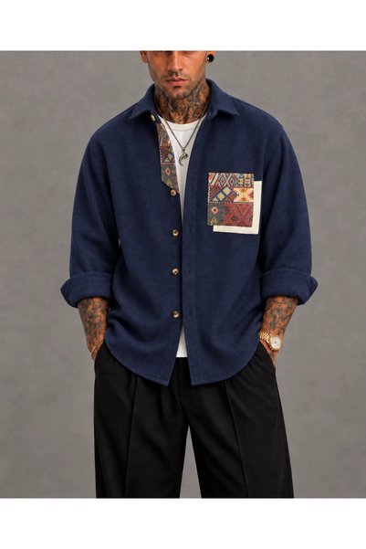 FıttingRoom Oversize Bohemian Cotton Cashmere Navy Blue Shirt