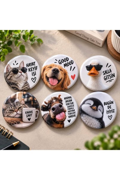 ESESDÜĞÜM 6'lı Komik Hayvan Rozet Seti 44 mm Kedi Köpek Ördek İnek Penguen Eğ...