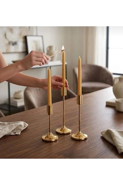 Tomac 3'lü Kalın Tabanlı Gold Şamdanlık Takımı - Silindir Başlı Metal Mumluk ...