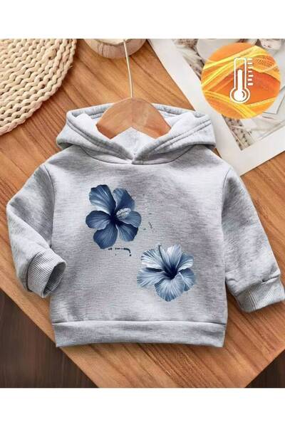 trendyears Kız Çocuk Gri Kapşonlu Hibiscus Çiçekleri Baskılı Şardonlu Sweatshirt