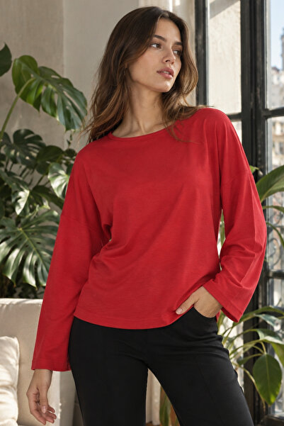 armonika Women's Red Crew Neck Oversize Long Sleeve Basic T-Shirt Arm-27K001017