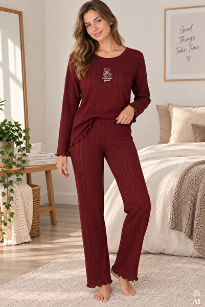 koza iç giyim Kadın %100 pamuklu Ribana Baskılı Uzun Kollu Pijama Takımı