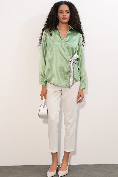Modamorfo Women's Double-Breasted Satin Shirt 20386 - E.Green