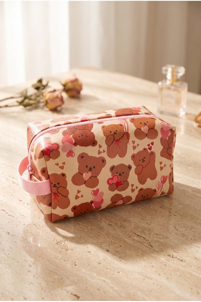 Okapi Hearted Teddy Bear Design Travel Bag - Zippered Bag Organizer Cosmetic ...