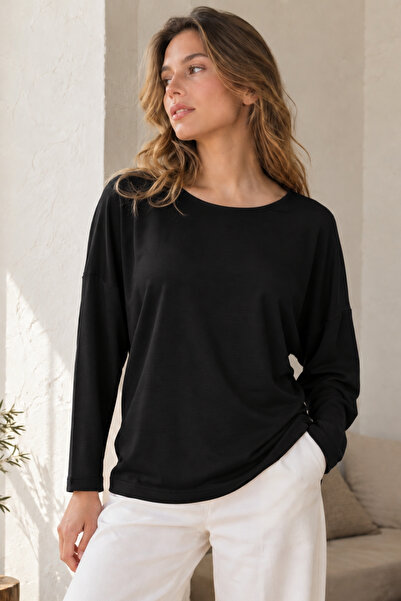 armonika Women's Black Crew Neck Oversize Long Sleeve Basic T-Shirt Arm-27K00...