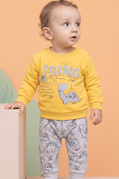 Rocha Baby Baby Boy Dinosaur Printed Double Set Sweatshirt and Pants with Shoulder Snap Fasteners