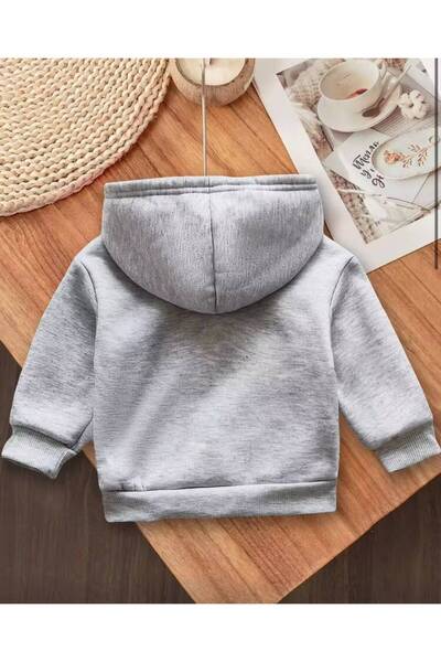 trendyears Kız Çocuk Gri Kapşonlu Hibiscus Çiçekleri Baskılı Şardonlu Sweatshirt