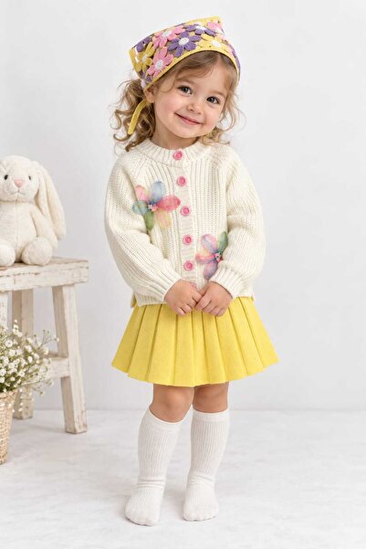 Meriç bebe Baby Girl 4-Piece Knitwear Set Floral Decorated Cardigan Pleated S...