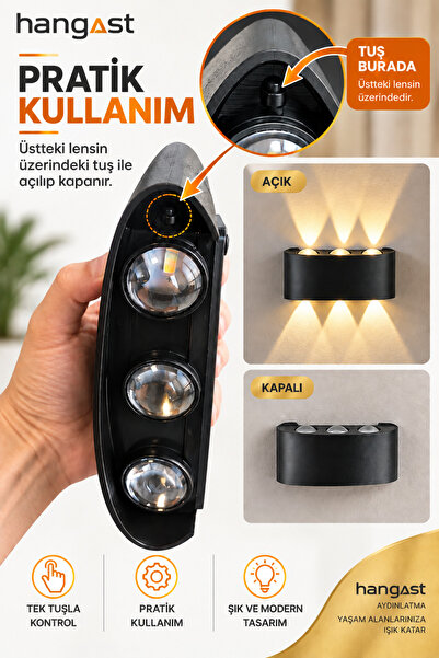 HANGAST OVAL | GünIşığı Pilli Çift Yönlü Duvar Apliği 3 LED Gün Işığı Siyah Dekoratif Kablosuz Duvar Lambası