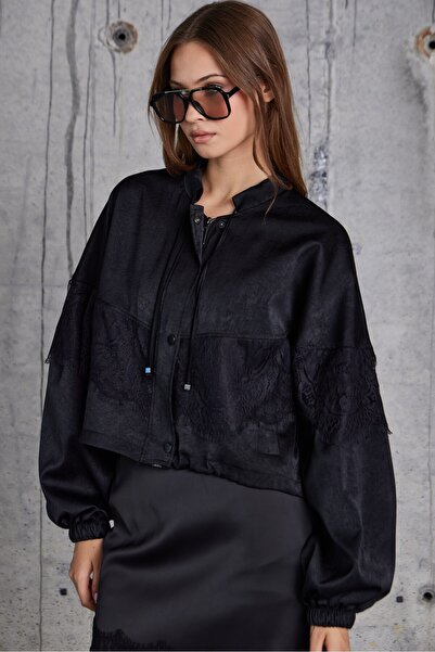 By Pakize Premium Tok Saten Dantel Detaylı Bomber Ceket