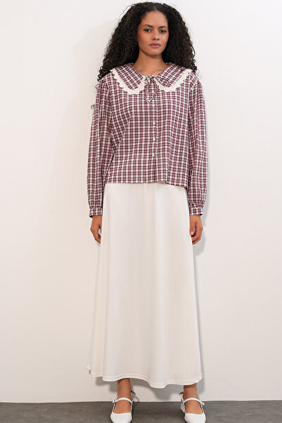 Modamorfo Women's Lace Collar Plaid Shirt 20387 - Burgundy