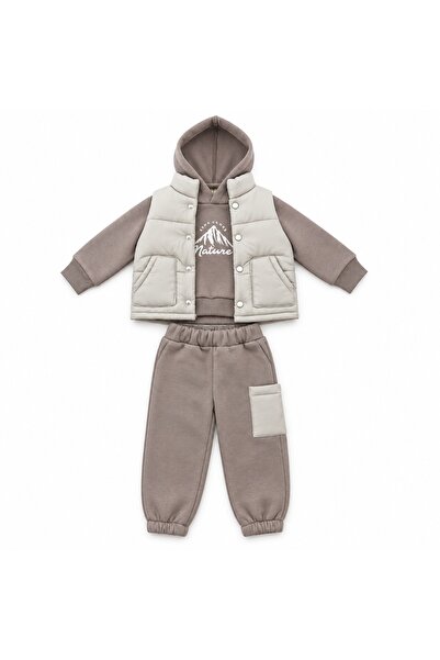 Pure Boutique Compleu baiat 3 piese bumbac vatuit hanorac pantaloni si vesta bej
