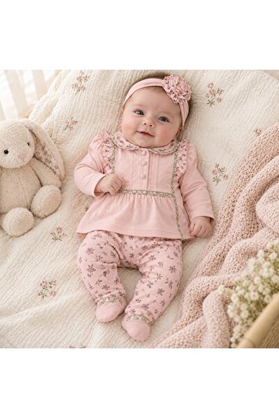 Pure Boutique Costum bebe fetita 3 piese roz cu floricele, bluza, pantaloni c...