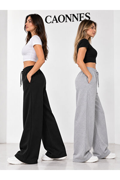 CAONNES Winter Women's 2-Piece Sweatpants (Black-Grey) Oversize Comfortable F...