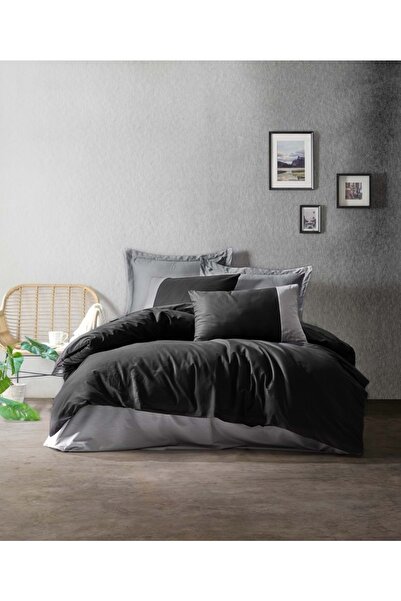 Cotton Box طقم غطاء لحاف مزدوج - أسود رمادي - من Rf Plain