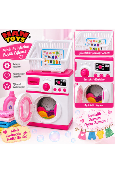 Han toys Oyuncak Çamaşır Makinesi Seti Sepetli Pembe Beyaz Evcilik Oyuncağı