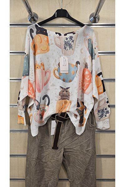 Park Moda Italian Mercerized Blouse with Cat Pattern Print