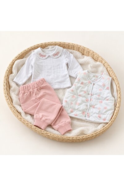Pure Boutique Compleu fetita 3 piese bumbac roz cu vesta fas florala si bluza cu guler