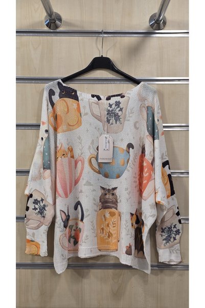 Park Moda İtalyan Merserize Bluz Kedi Desen Baskılı