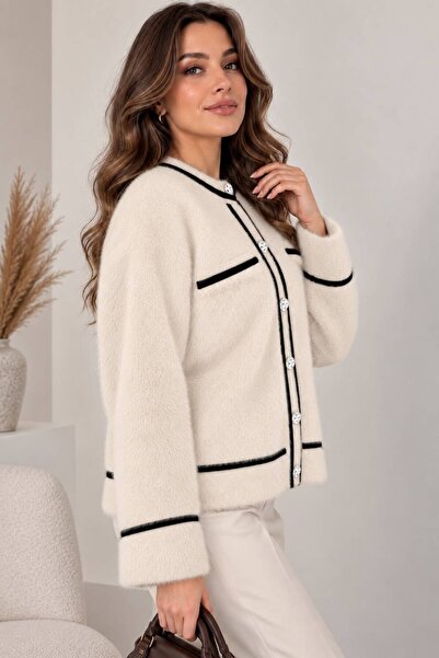 ikomteks Beard Textured Contrast Piping Stone Buttoned Women's Cardigan